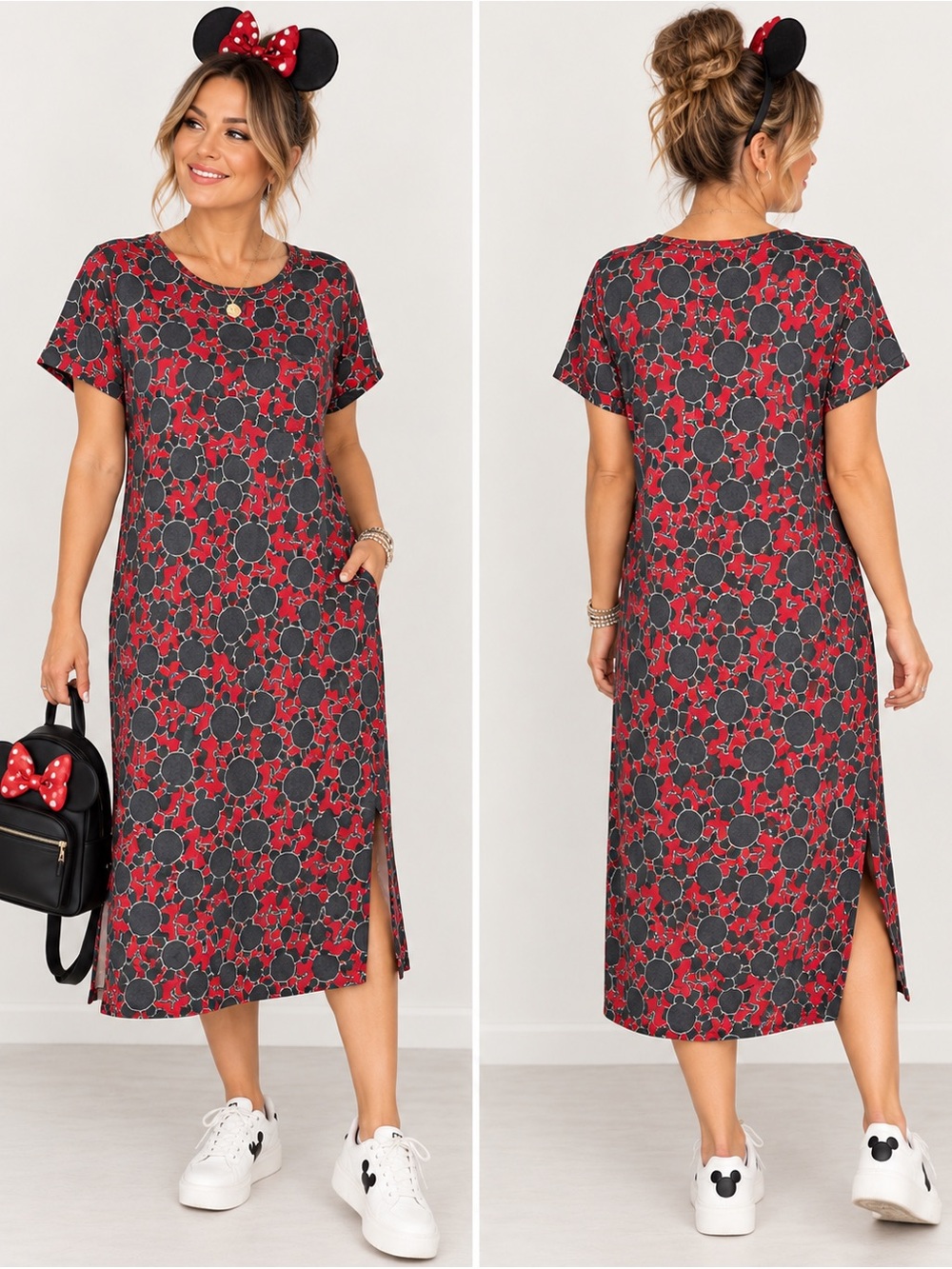 Disney Short-Sleeve Tunic High Low Minnie Print Pocketed Whimsy Dress Small